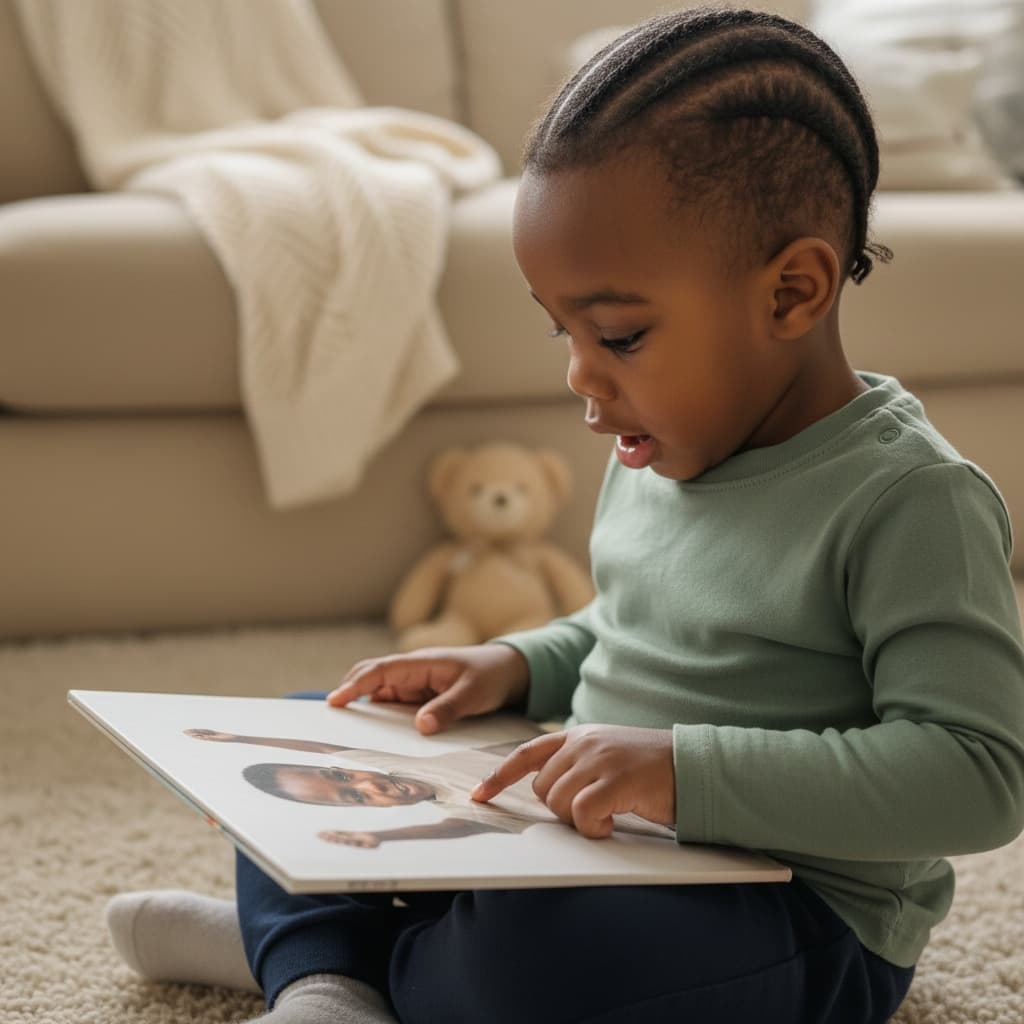 A Black toddler absorbed in his picture book "Marcus — He Did It!"