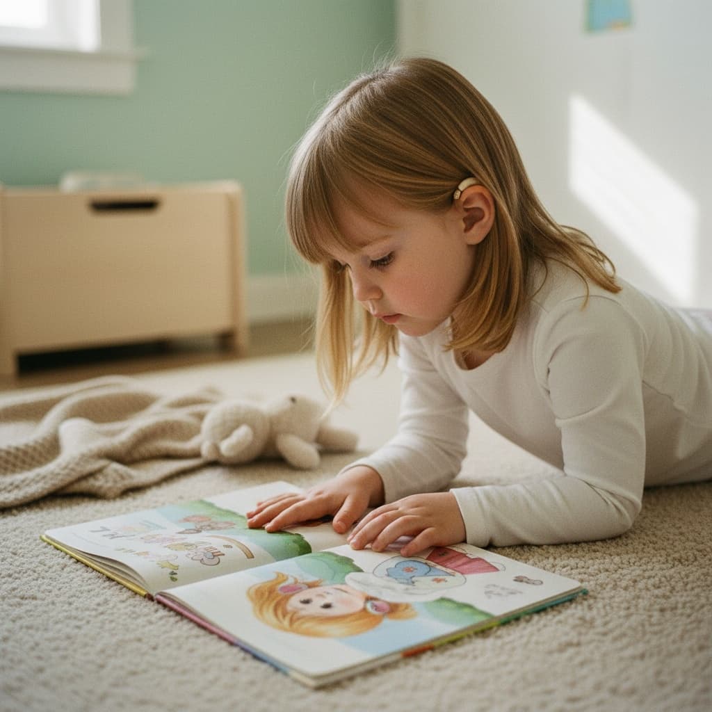A young girl with hearing aids reading "Aria Hears the World"